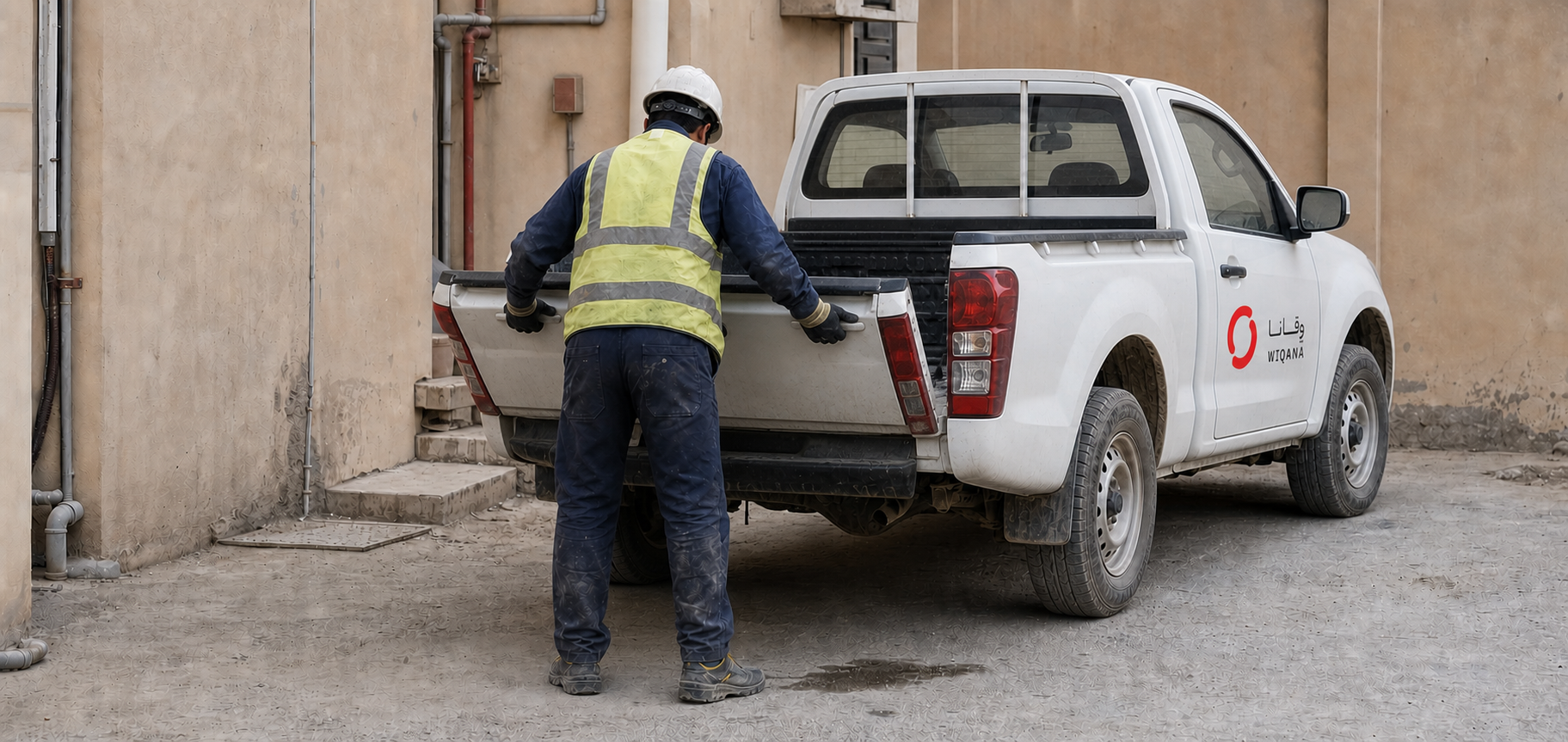 Wiqana technician closing a branded Isuzu D-Max pickup tailgate